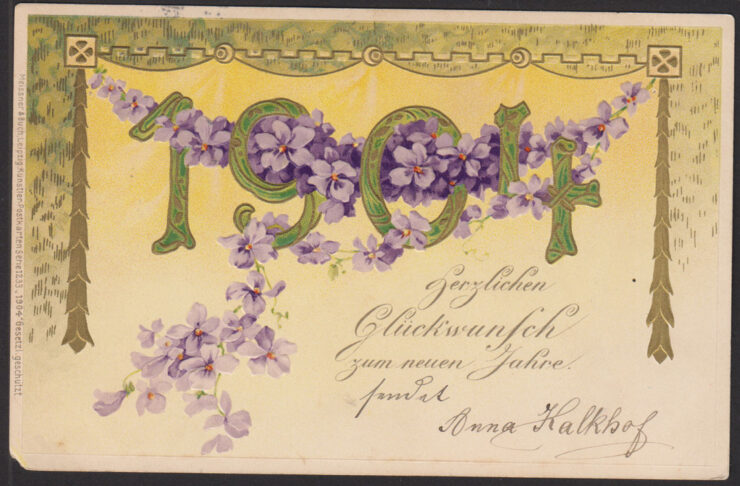 NEUEN JAHR 1904 - NOWY ROK - NIEMCY - TŁOCZONA - KWIATY - KURTYNKA