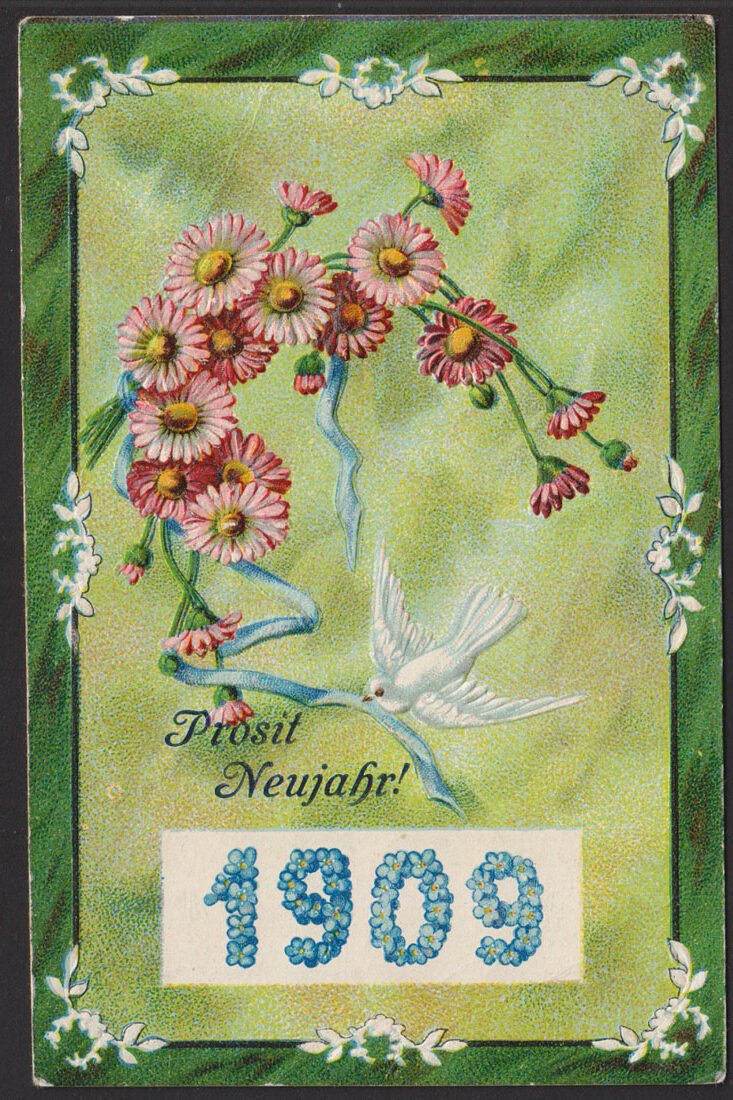PROSIT NEUJAHR 1909 - NOWY ROK - GOŁĄBEK Z KWIATAMI