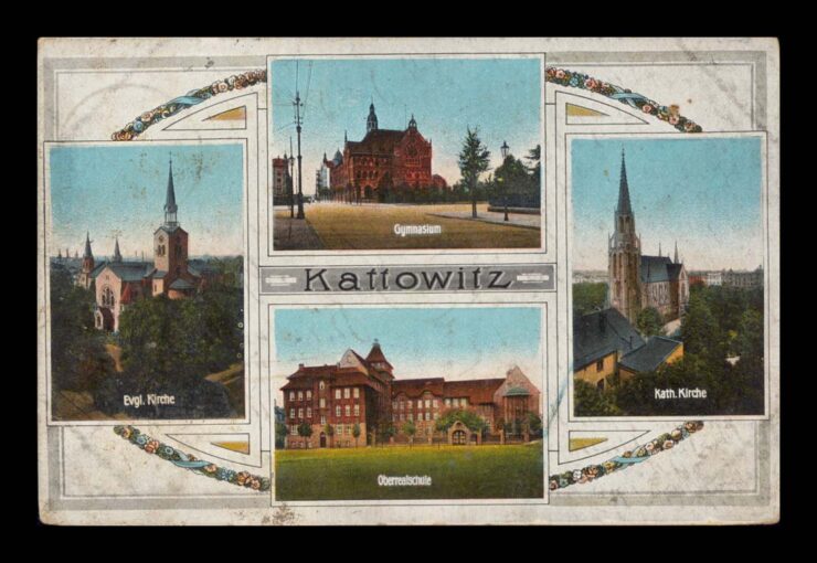 KATTOWITZ - GRUSS - KIRCHE EVGL I KATH. - STEMP. BAHNHOF SOSNOWIZE (SOSNOWIEC)