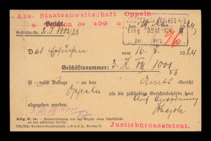 OPPELN (OPOLE) - KARTA SĄDOWA - PRZEKAZ. DOKUMENTÓW 1924 R.