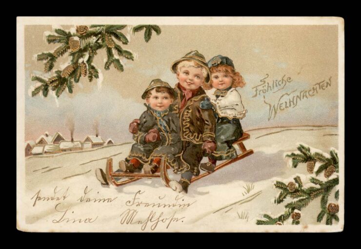 WEIHNACHTEN (WESOŁYCH ŚWIĄT) - SANKI - PRAGE, GOLD, LITHO. 1905 R.