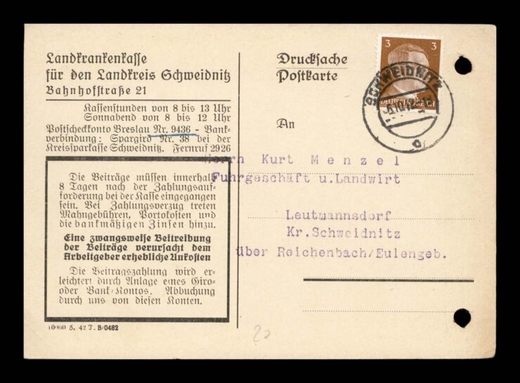 SCHWIDNITZ (ŚWIDNICA) - INF. SKŁADKI - + POTWIERZENIE 1942 R.