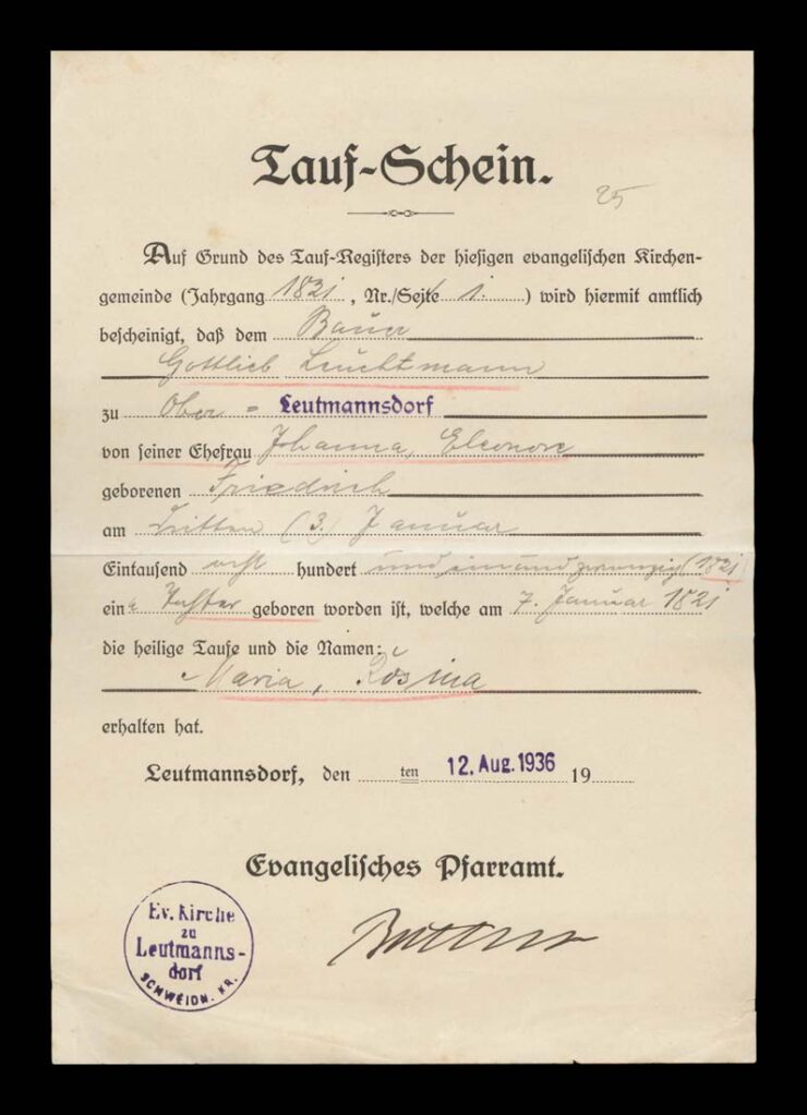 SCHWIDNITZ (ŚWIDNICA) - LAUF-SCHEIN - ZAŚW. O CHRZCIE 1921 R.