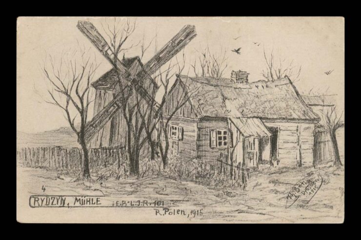 RYDZYN - RUSICH POLEN - WIATRAK, CHATA - GRAFIKA OKOPOWA, SIGN. 1915