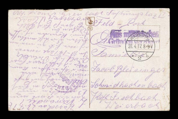 WARSZAWA, OGRÓD SASKI - FELDPOST 1917 STEMPEL (DOST. OPÓŹNIONA)
