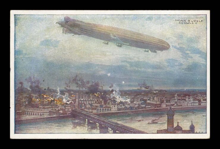SIGN. RUDOLF SCHULZE, ZEPPELIN, BOMBARDOWANIE WARSZAWY, 1915