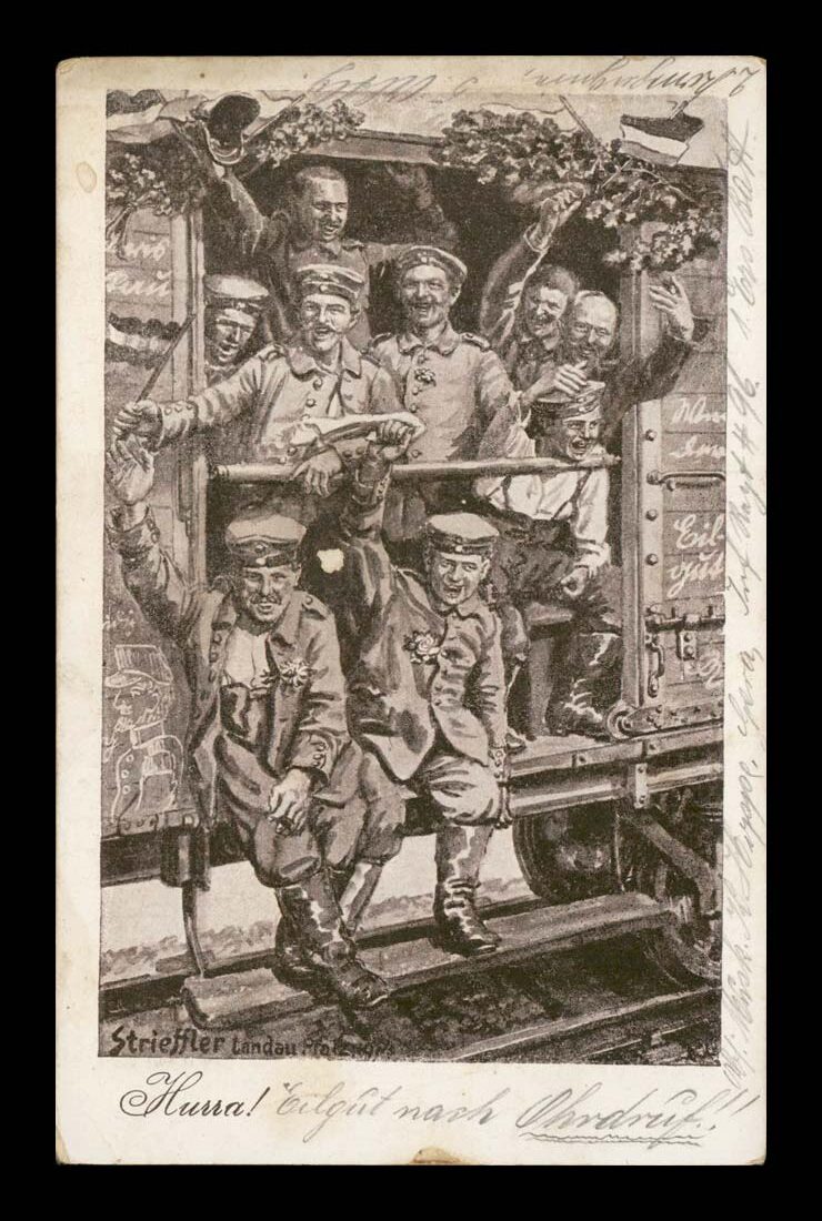 SIGN. STRIEFFLER, ŻOŁNIERZE W DRODZE NA FRONT, WAGON, KOLEJ, FELD. 1915