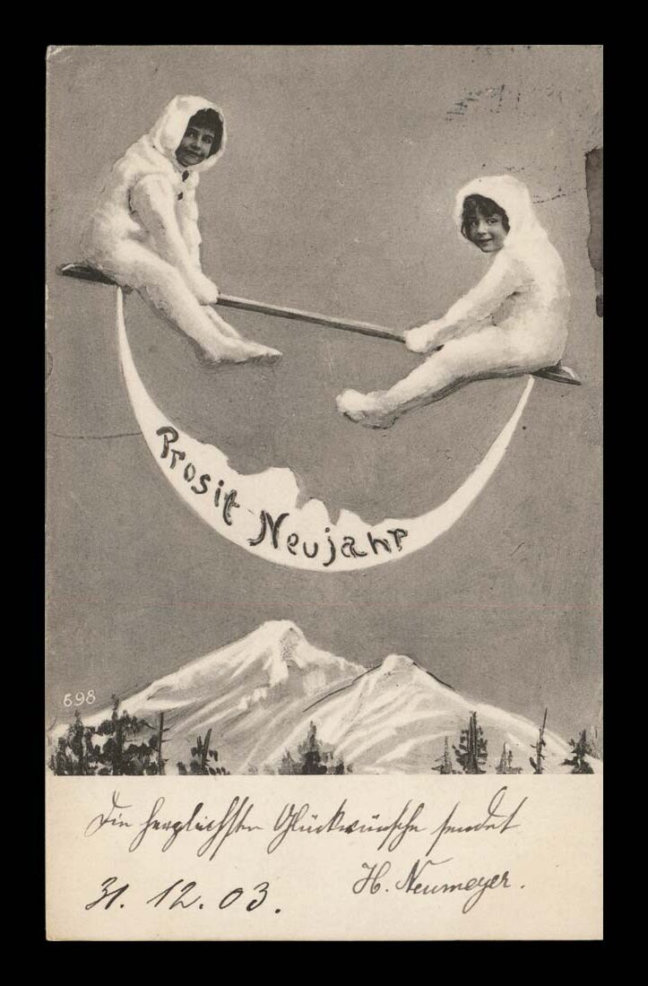 ZIMA, ŚWIĘTA, NOWY ROK, HUŚTAWKA, KSIĘŻYC, VINTIGE 1903