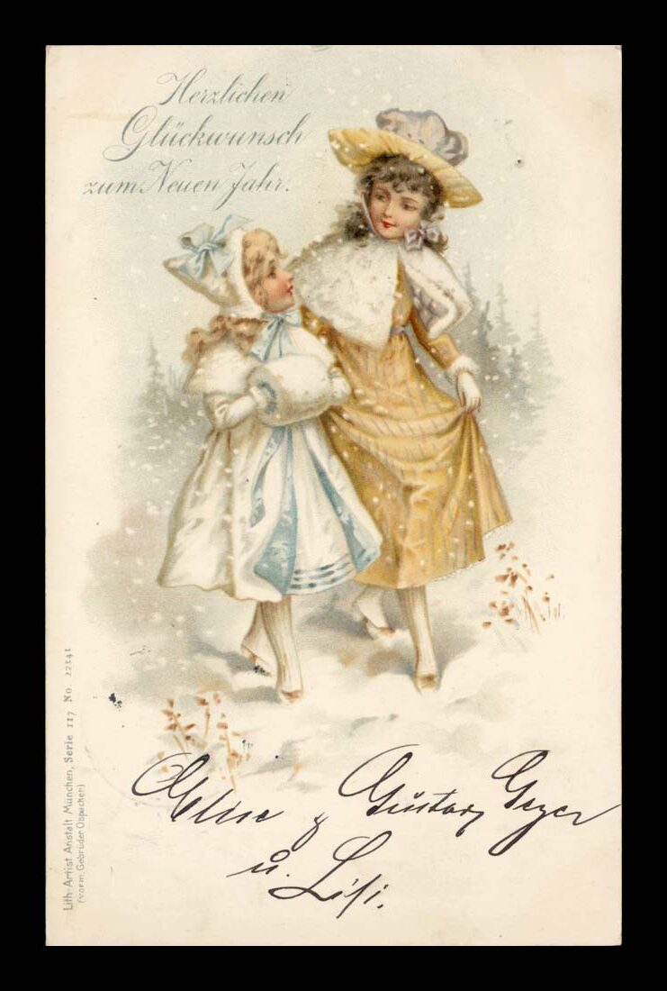 ZIMA, ŚWIĘTA, DZIEWCZĘTA, MODA VINTIGE, ŚNIEG 1901