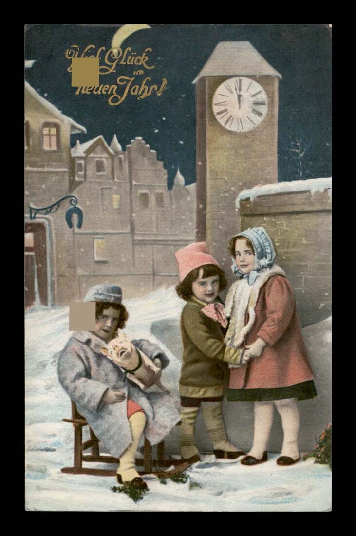 ZIMA, ŚWIĘTA, SANKI, ZEGAR, VINTIGE LITHO 1913