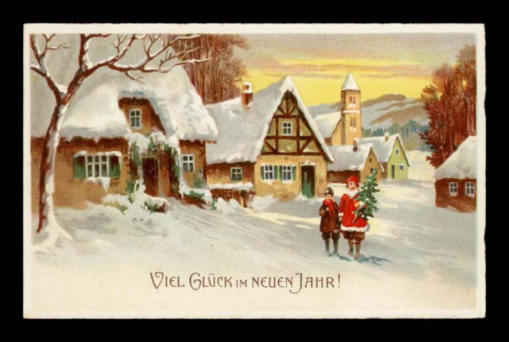ZIMA, ŚWIĘTA, MIASTECZKO, CHOINKA, LITHO 1937