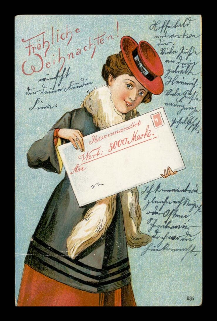 ZIMA, ŚWIĘTA, PRZEKAZ PIENIĘŻNY, MODA Z EPOKI, LITHO 1905
