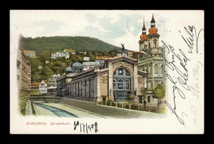 KARLSBAD, SPRUNDELHALLE, KOLONADA, LITHO 1900