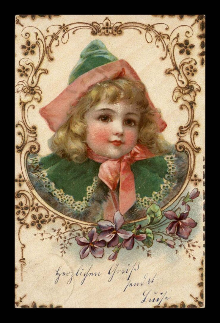 DZIEWCZYNKA W RAMCE, SECESJA, LITHO 1900
