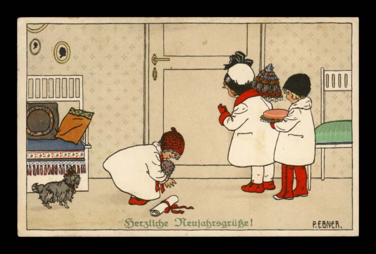 SIGN. P. EBNER, NOWORCZNE ŻYCZENIA, NIESPODZIANKA, LITHO 1913