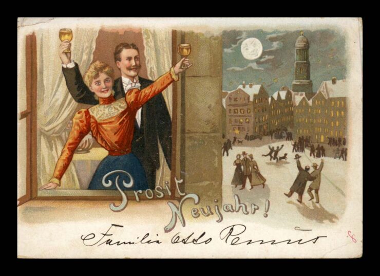 NEUE JAHR (NOWOROCZNA), TOAST W OKNIE, SZAMPAN, KSIĘŻYCÓWKA, LITHO 1900