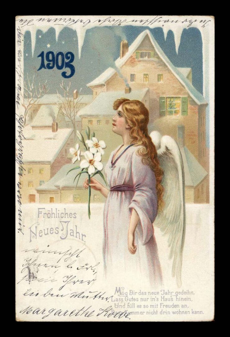 FROHLICHES NEUES JAHR, ANIOŁ I BIAŁE LILIE, ZIMA VINTIGE 1903, LITHO