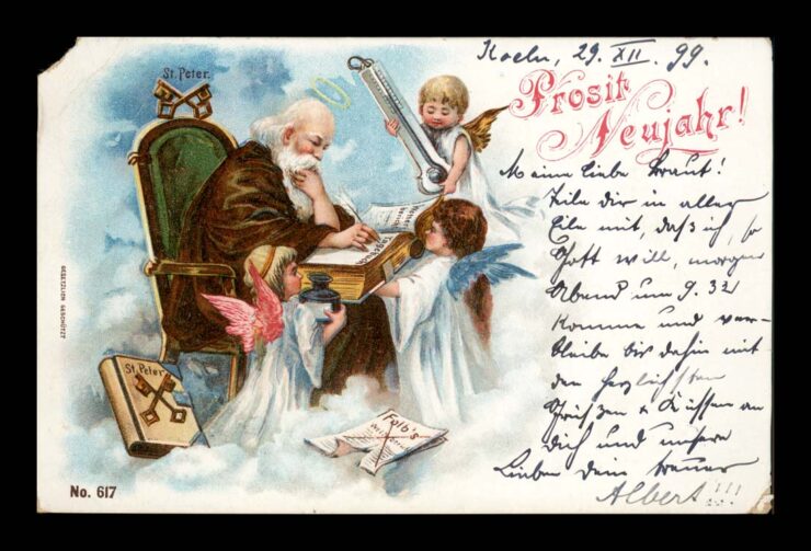 PROSIT NEUJAHR, ŚWIĘTY PIOTR I ANIOŁY, REKWIZYTY, LITHO 1899