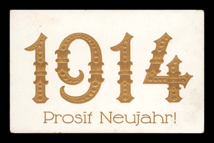 PROSIT NEUJAHR (NOWOROCZNA), ZŁOTE CYFRY 1914, ZDOBNE, PRAGE