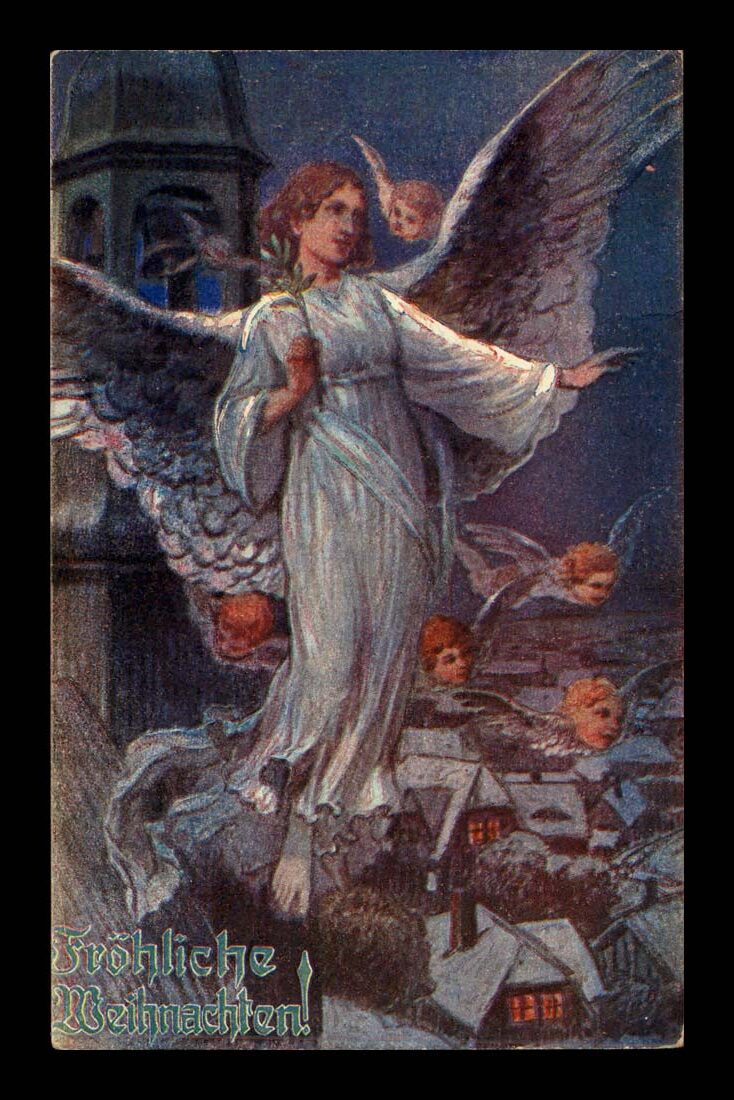 FROCHLICHE WEIHNACHTEN, ANIOŁ, MIASTECZKO I WIEŻA KOŚCIOŁA 1911