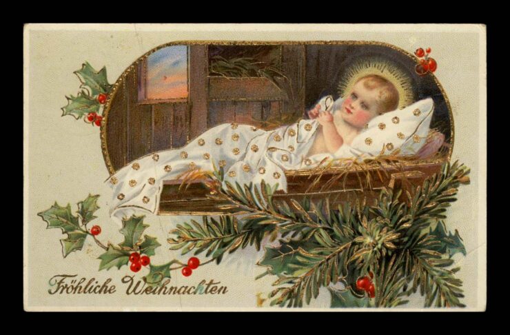 FROHLICHE WEIHNACHTEN, DZIECIĄTKO W STAJENCE, ZŁOCONE GEL