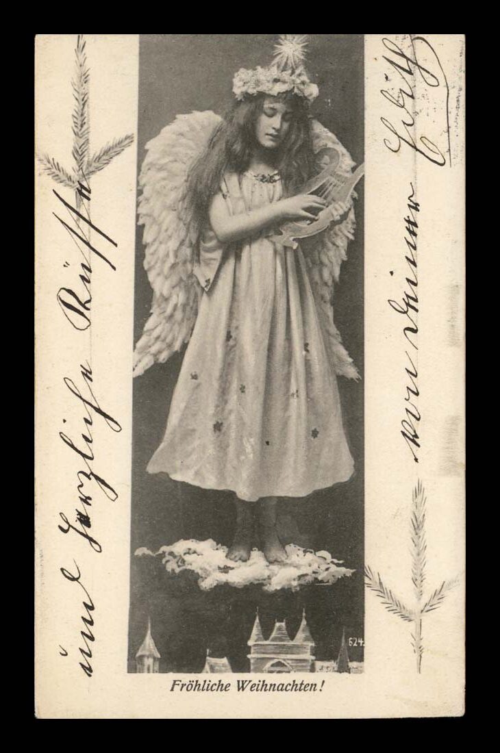FROHLICHE WEIHNACHTEN, ANIOŁ VINTIGE, FOTOMONTAŻ, WIEN 1903