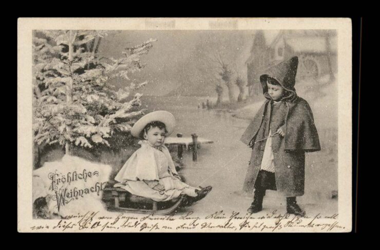 WEIHNACHTEN (BOŻE NARODZENIE), ZIMOWA SCENA, SANKI, VINTIGE 1903
