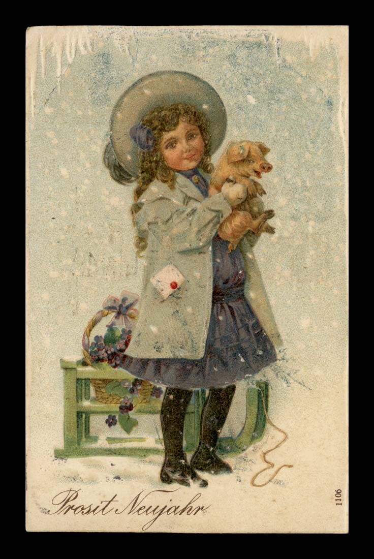 DZIEWCZYNKA Z PROSIACZKIEM, SOPLE I LIST, SANKI, PRAGE LITHO 1911