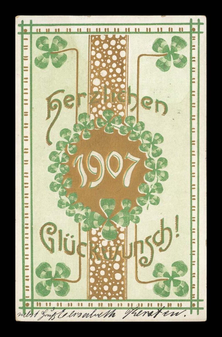 NOWY ROK, JUGENDSTIL (SECESJA), ZŁOCONA PRAGE LITHO 1906