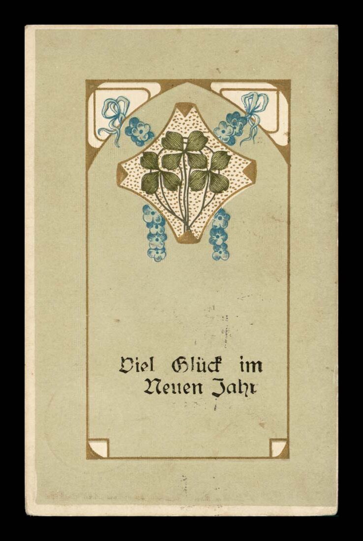 NOWY ROK, JUGENDSTIL (SECESJA), ZŁOCONA PRAGE LITHO, FELD. 1914