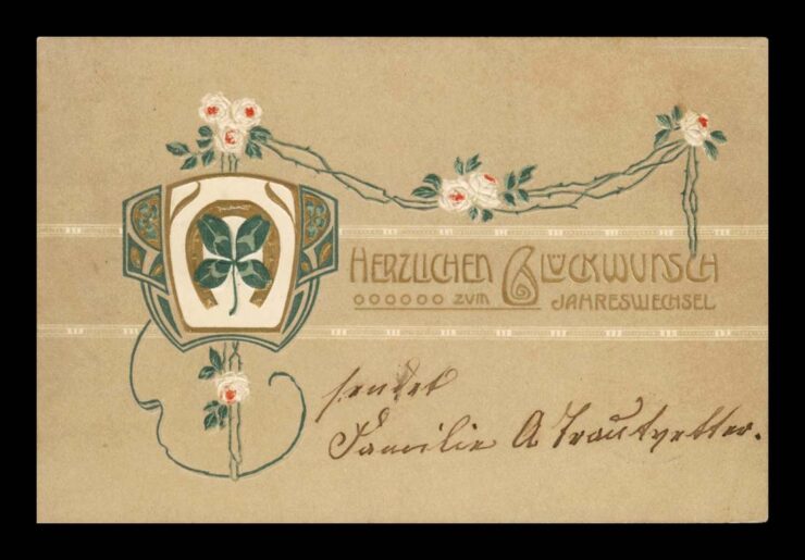 NOWY ROK, JUGENDSTIL (SECESJA), RÓŻE, ZŁOCONA PRAGE LITHO 1905