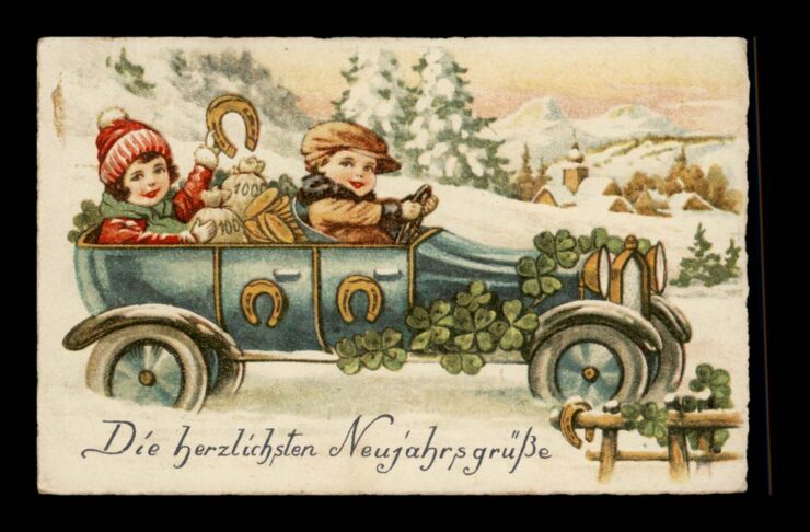NEUJAHRGRUSSE (ŻYCZENIA NOWOROCZNE), SAMOCHÓD, MOSENY I PODKOWY, FIRMA