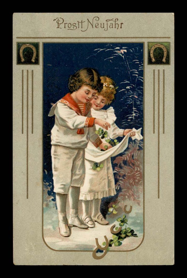 PROSIT NEUJAHR, KONICZYNA I PODKOWY, JUGENDSTIL (SECESJA), PREGE LITHO 1912