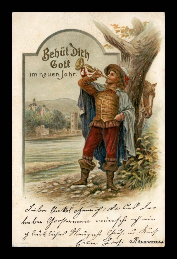 NEUEN JAHR (BOŻE BŁOGOSŁAW NADCHODZĄCY ROK), TRĘBACZ I KOŃ, PRAGE LITHO 1901