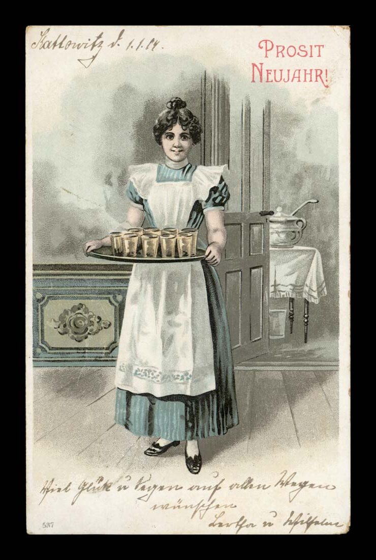 PROSIT NEUJAHR, TOAST, VINTIGE LITHO, BAHNPOST BRESLAU - KATTOWITZ 1903